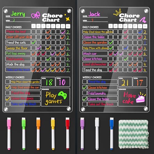 2 pcs Acrylic Magnetic Chore Chart for Kids on Fridge, Chore Board, Dry Erase Chore Chart, 12
