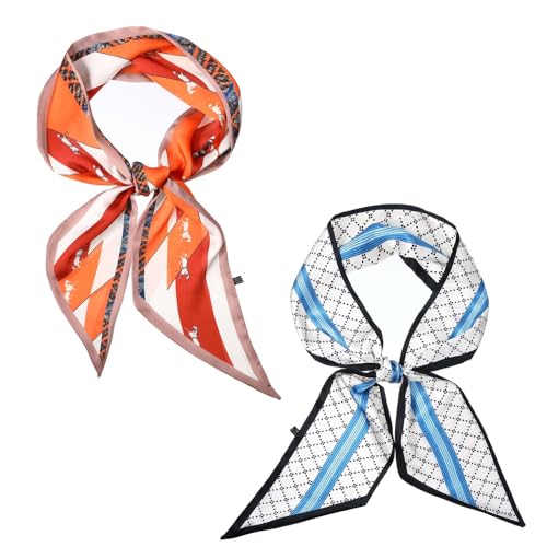 Silk Purse Scarf 2 PCS Medium Square Satin Head Scarf for Women Printed Scarves Hair Neck Scarves for Women Purse Bag Scarfs for Handbags Silky Long Thin Satin Headscarf Fashion 59” X 5.9”