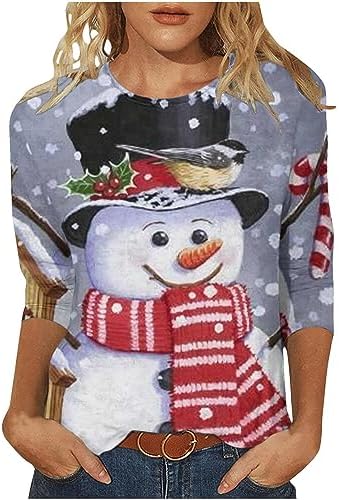 Christmas Shirts For Women 3/4 Sleeve Plus Size Tops 2023 Funny Ugly Xmas Tree Snowflakes Snowman Print Casual Blouse
