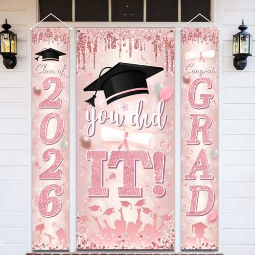 Image of 2026 Graduation Banner Pink Class of Congrats Grad Porch Sign and You Did It Graduation Door Cover for High School College Party Supplies Indoor Outdoor(Pink)