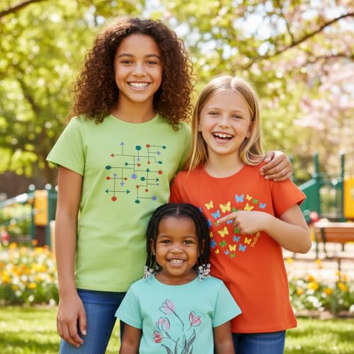 Image of Girls Cotton Crew Round Rib Neck Short Sleeve T-Shirts, Green, Orange red, Turquois