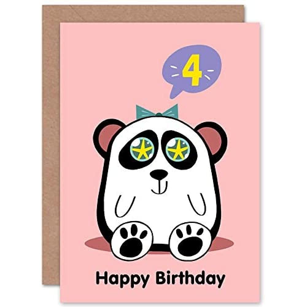 Artery8 Kawaii Panda Star 4th Birthday Greeting Card - Pink