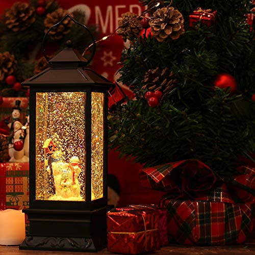 Image of Eldnacele Snwoman Family Singing Snow Globe Lantern with 6 Hour Timer | Battery Operated USB Powered, Spinning Water Swirling Glitter Snow Globe Lamp, Holiday Indoor Decoration Christmas Gift