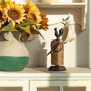 SOFFEE DESIGN Vintage Jute Twine Spool and Scissors Holder for Garden Farmhouse Kitchen Antique Twine and Scissors Set Black Rooster