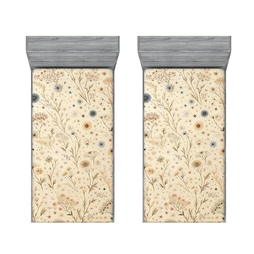 Ambesonne Floral Dream 2 Pack Fitted Sheet, Earthy Leaves Stars, Bed Cover All-Round Elastic Deep Pockets 2 Pieces, Package Contains 2 Twin XL Size Fitted Sheets, Pastel Brown Slate Blue