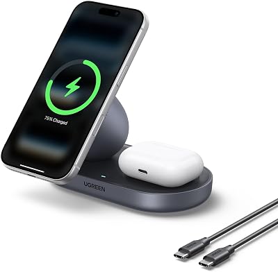 UGREEN Zapix Caricatore Wireless iPhone Magsafe Qi2 15W Certificato Compatibile con iPhone 17 16 15 14 13 12 Pro Max Plus Air AirPods, 2 in 1 Base di Ricarica Rapida Magnetica (Nero)