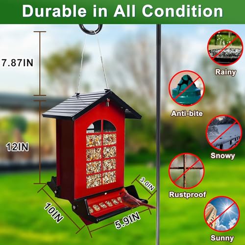 Suwui BIRD FEEDER SQUIRREL PROOF HANGING Bird Feeder Squirrel Proof For Outdoors: Hanging Bird Feeder, 5Lbs Large Capacity Bird Seed Feeder, Red Metal Wild Bird Feeder For Cardinal, Blue Jay, Garden thumb #2