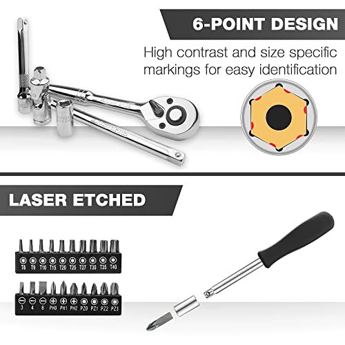 Image of EACELIY 75pcs 1 /4 inch Drive Impact Socket Set, Master Socket Set,Wrench Set with 1 /4 inch Bit Adapter, Universal Joint, Ratchet, 1 /4 inchDrive Bit Set Extension (5 /32 inch - 9 /16 inch, 4-14mm)