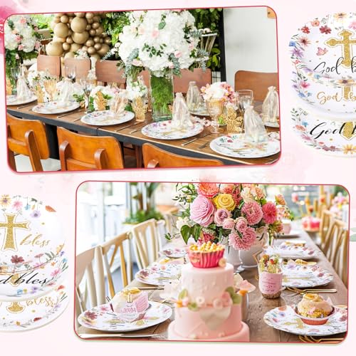 Image of Funnymoom 60 Pcs Baptism Plates Baptism Party Supplies 7 Inch God Bless Floral Paper Plates Decoration for Girls Disposable Flower Party Decoration for Mi Bautizo Christening Confirmation Baby Shower