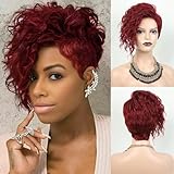 SEVENCOLORS Short Burgundy Curly Wigs for Black Women Wine Red Pixie Cut Wigs with Side Bangs Natural Wavy Synthetic Short Hair Wig