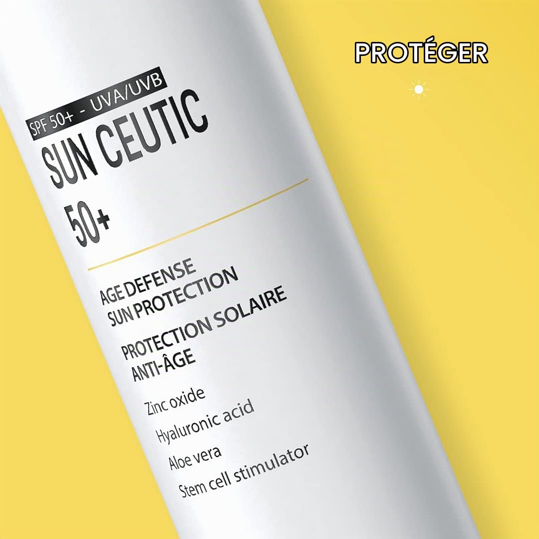 Sun Ceutic 50+ de Dermaceutic - Protection solaire anti-âge contenant des Filtres UV, de l'Acide Hyaluronique, de l'Aloe Vera et un Stimulateur de cellules souches - 50ml