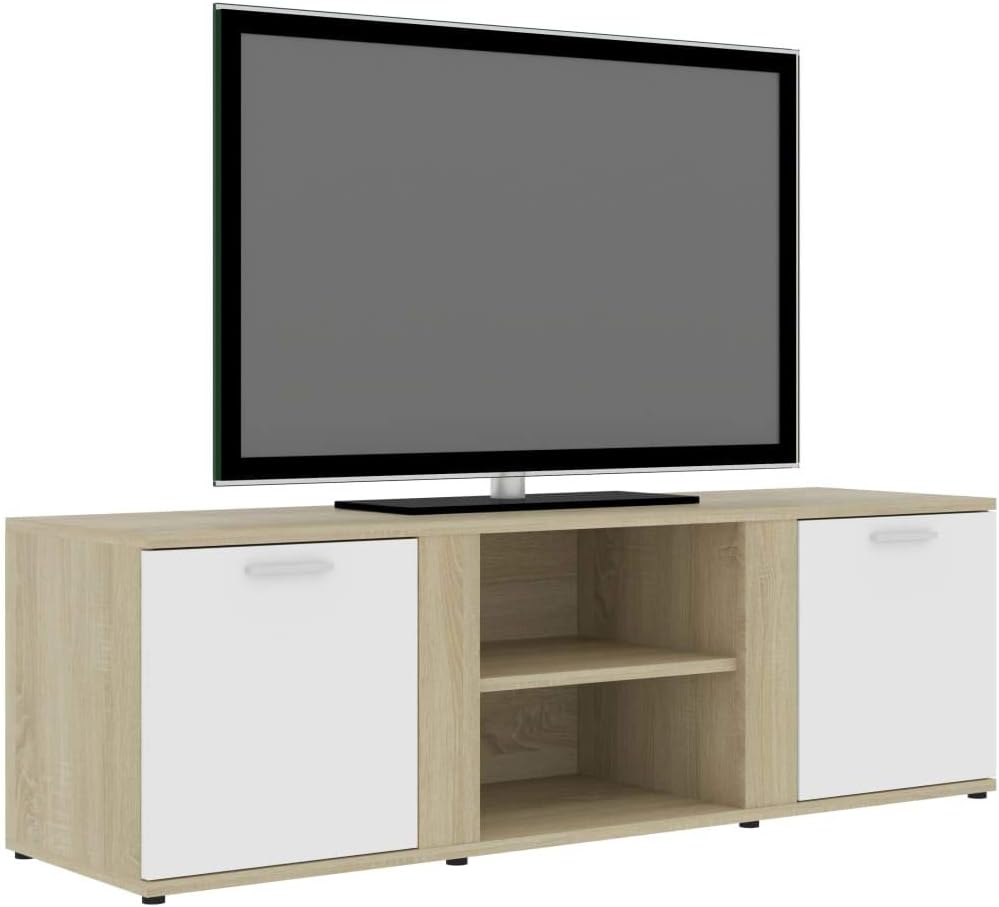 vidaXL Engineered Wood TV Stand - White and Sonoma Oak - Stylish Storage Solution with 2 Doors and 2 Compartments - Easy Assembly