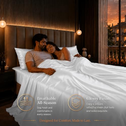 Image of Cloth Fusion Flat Satin Bedsheet Double Size 90x100 inch | White, 2 Pillow Covers, 300 TC, Glossy Finish, Smooth on Hair and Skin, Gift for Couples, Wedding & Anniversary
