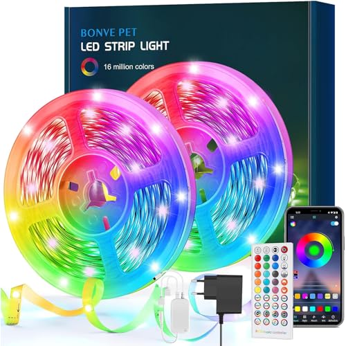 Bonve Pet Strisce Led, Striscia led RGB, Controllo APP e Telecomando 40 Tasti, Funzione Musicale Led Strip Bluetooth, Luci Led Colorate per Decorazioni Camera da Letto Bar Festa Casa (15M(7M*2))