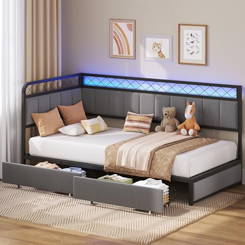 ANCTOR Twin Daybed with 2 Storage Drawers, Corner Bed Frame with LED and Charging Station, Metal...
