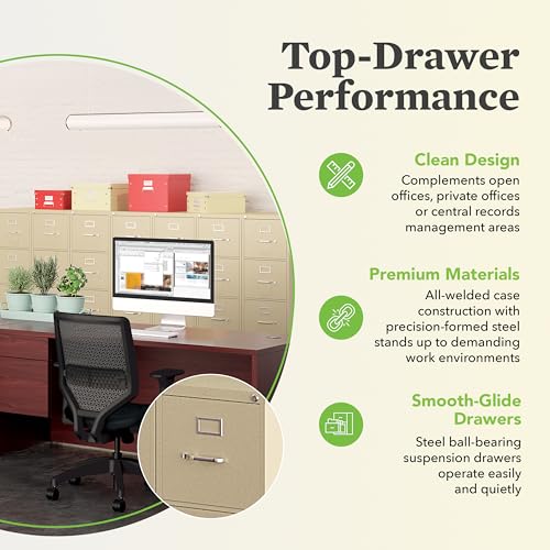 Image of HON 4 Drawer Vertical File Cabinet with Lock, Metal Filing Cabinets with 4-Drawer Letter File for Offices and Hanging Files, 25 inch Deep, Putty
