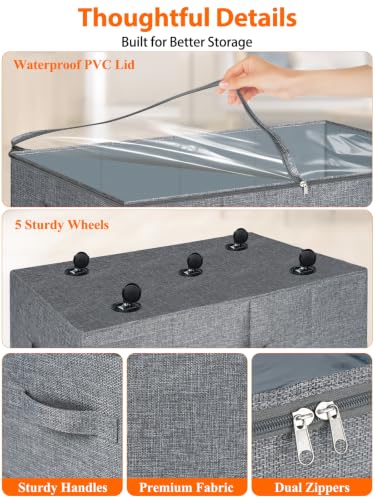 Image of punemi 10 inch Tall 75L Under Bed Storage Bins with Wheels, 2-Pack, Gray | 5-Wheel Rolling Organizers with Clear Lids, for Clothes, Shoes and Blankets, Underbed, Closet & Dorm Organizataion