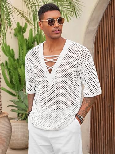 Runcati Mens Lace Up Beach Shirts Hollow Out V Neck Half Sleeve T Shirts Knit Crochet See Through Summer Tops3