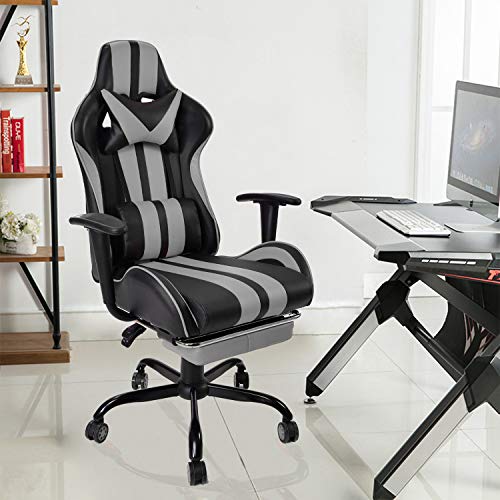 Massage Racing Chair for Gaming,PC Gaming Chair,Video Game Chair,Computer Chair, E-Sports Chair,Ergonomic Office Chair with Retractable Footrest and Adjustable Headrest and Lumbar Support(Cool Grey)