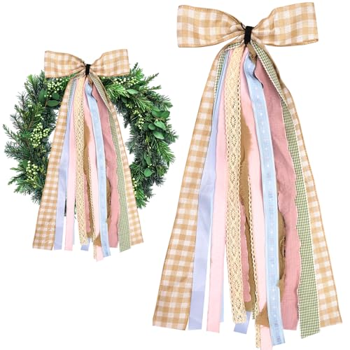 Ftuuo Large Fall Ribbons Bow for Wreath Orange White Buffalo Plaid Fabric Ribbons Set Assorted Lace Ribbon Blue Pink Clip-On Wreath Sash Ribbon Bundle for Fall Thanksgiving Home Indoor Outdoor Decor