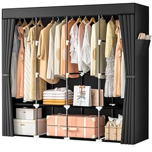 Wardrobe Closet, 66 Inch Portable Closet for Hanging Clothes, Large Capacity Clothes Rack Organizer with Cover & 4 Hanging Rods & 8 Storage Shelves & 2 Side Pockets (Black)