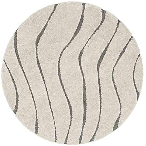Image of Abstract Wavy Design Round Shaggy Carpet for Living Room, Bedroom, High Low Design Finish Microfiber 1.8 Inch Pile High, 4x4 Feet Ivory|Grey Color