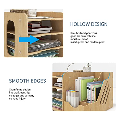 PUNCIA 4 Tier Wooden Desktop Organizer Letter A4 File Rack - Mail Sorter with Vertical & Horizontal File Holder, Tabletop Storage Box for Office Supplies Binders Folders Trays image 7