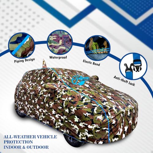 Image of Waterproof Car Body Cover Compatible for Tata Punch with Mirror Pocket and Back Side Antenna Pocket, Triple Stitched (Dynamite Jungle Print with Blue Piping Design)