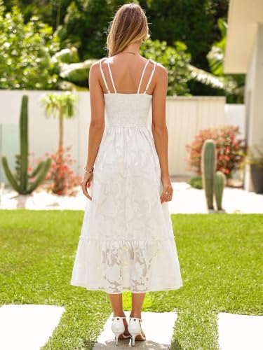 Image of Simplee Womens Semi Formal Dresses for Wedding Guest Floral Lace Midi Dress | Floral lace, Modest, Midi length, Sleeveless, V neck, Smocked empired waist, Semi formal wedding guest dress, Baptism dress