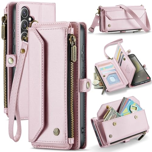 for Samsung Galaxy S24 Plus Wallet Case with 10 Card Slots RFID Blocking Magnetic Closure Zipper Cash Bills Pocket, Premium PU Leather with Crossbody Wristlet Strap - Pink Pink S24 Plus