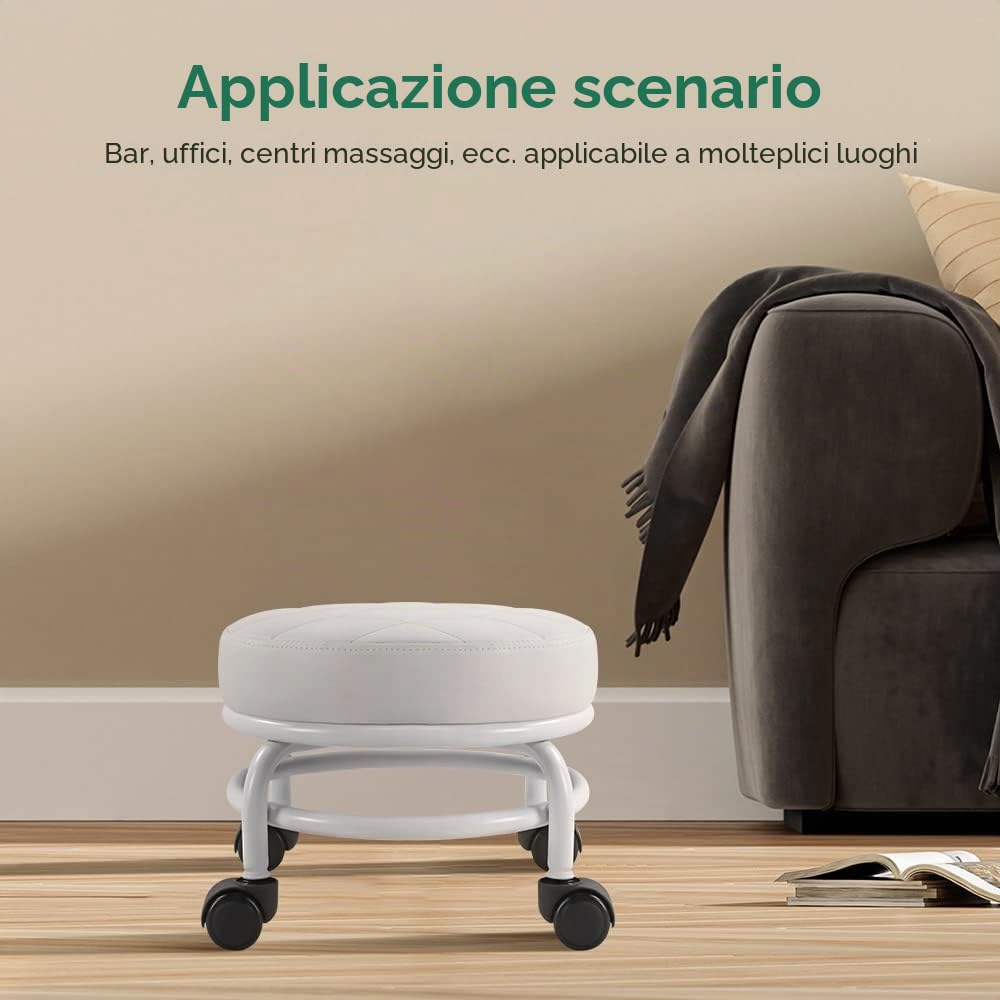 FURWOO Sedile a rotelle Sgabello da pavimento rotondo basso in pelle PU con ruote piroettanti universali per sgabello per pedicure sportiva fitness a casa, H: 25,5 cm (bianco)