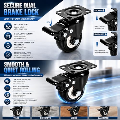 Image of 1.5 inch Heavy Duty Caster Wheels Set of 4 with 2 Brake & 2 Fixed Wheels | Furniture Trolley, Silent PU 360 Swivel Caster wheel for Cabinets, Workbench, Cart, Rack & Industrial Equipment