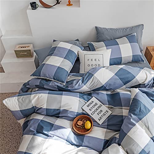 Image of Plaid Comforter Set Full Modern Style Checkered Pattern Comforter for Men Boys Blue White Grey Geometric Comforter with 2 Pillowcases Fluffy Soft 3 Pieces Lightweight Bedding Full Comforter Set