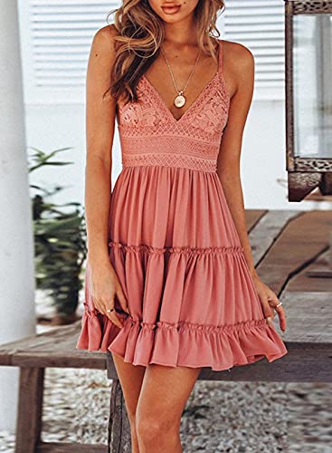 Itsmode Sexy Lace V Neck Mini Dress Casual Summer Party Short Dresses Spaghetti Strap Ruffle Sleeveless Solid Color Tank Dress Pink Xl #TOP2