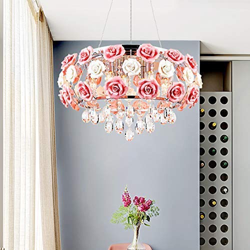 More Change Morechange 19.5Inch Crystal Ceiling Light Fixtures Flush Mount Ceramic Rose Flowers, Chandelier Pendant Lighting With 5-Light E12 Socket For Living/Dining Room Bedroom Girl Room #TOP7