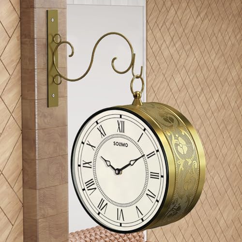 Image of Amazon Brand - Solimo 8 Inch Vintage Station Analog Clock One Side Roman and Other Side Numeral Dial (Brass Finish) (Type-3)