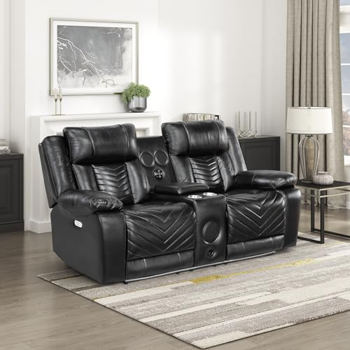 Image of Lexicon Wall Hugger Power Double Reclining Loveseat with Console, Black