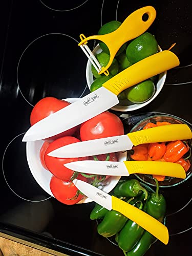 Serrated Yellow Ceramic Knife Set With 5" Serrated Knife, Kitchen Knife Set - Includes 3”, 4”, 5”, 6” Ceramic Knives, Matching Sheaths And A Matching Vegetable Peeler In A Black Gift Box #TOP4