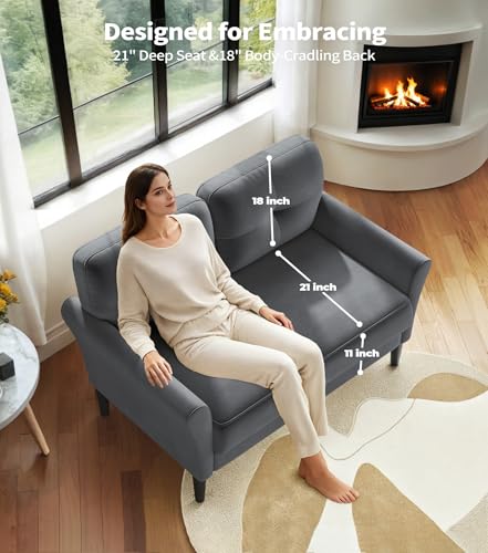 Domusensus Kleines Sofa 2 Sitzer, 123CM kleine Couch 2 Sitzer, Sofa klein mit 53CM extra tiefen Sitzen, MiniSofa Wohnzimmer, Werkzeugfreie Montage Sofas & Couches, Bequemer Samt Mini Couch, Grau