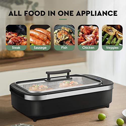 Indoor Smokeless Grill - CSS Electric Grill with Removable Griddle Plate, Non-stick Cooking Surface, LED Smart Control Panel, Tempered Glass Lid, Turbo Smoke Extractor Technology, 1400W, 15\" X 9\" Grilling Surface