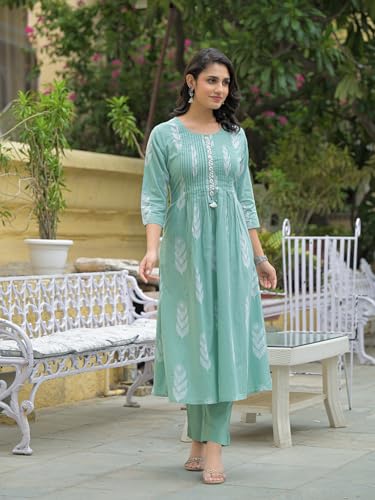 Image of Divena Teal Green Cotton Pintuck Design Kurta pant set with Dupatta
