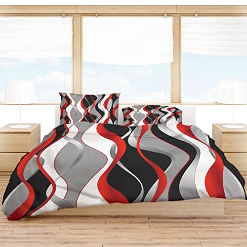 California King Duvet Cover Set - Red Black Grey 4 Pcs Comforter Cover Set, White Moire Geometric Bedding Sets With Zipper Closure, Modern Abstract Microfiber Bed Sheet Soft Quilt Cover 2 Pillow Shams #TOP2