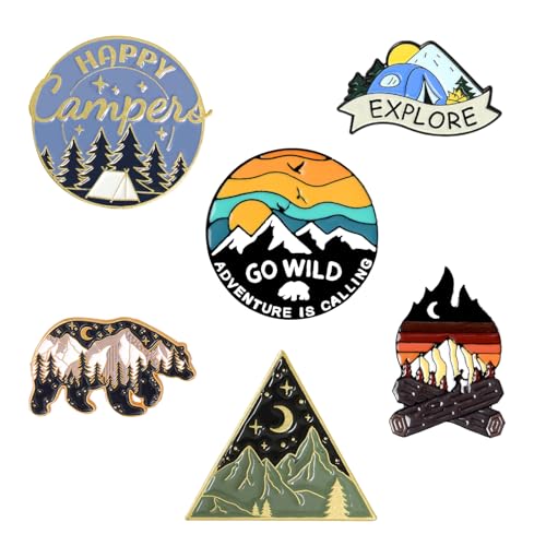 HEYTRCO 6PCS Wild Camping Enamel Pins Bulk, Cartoon Go Wild Explore Lapel Backpack Hat Pin Set, Camper Crooches Button for Jeans, Jackets, Bags, Dress, Shoes