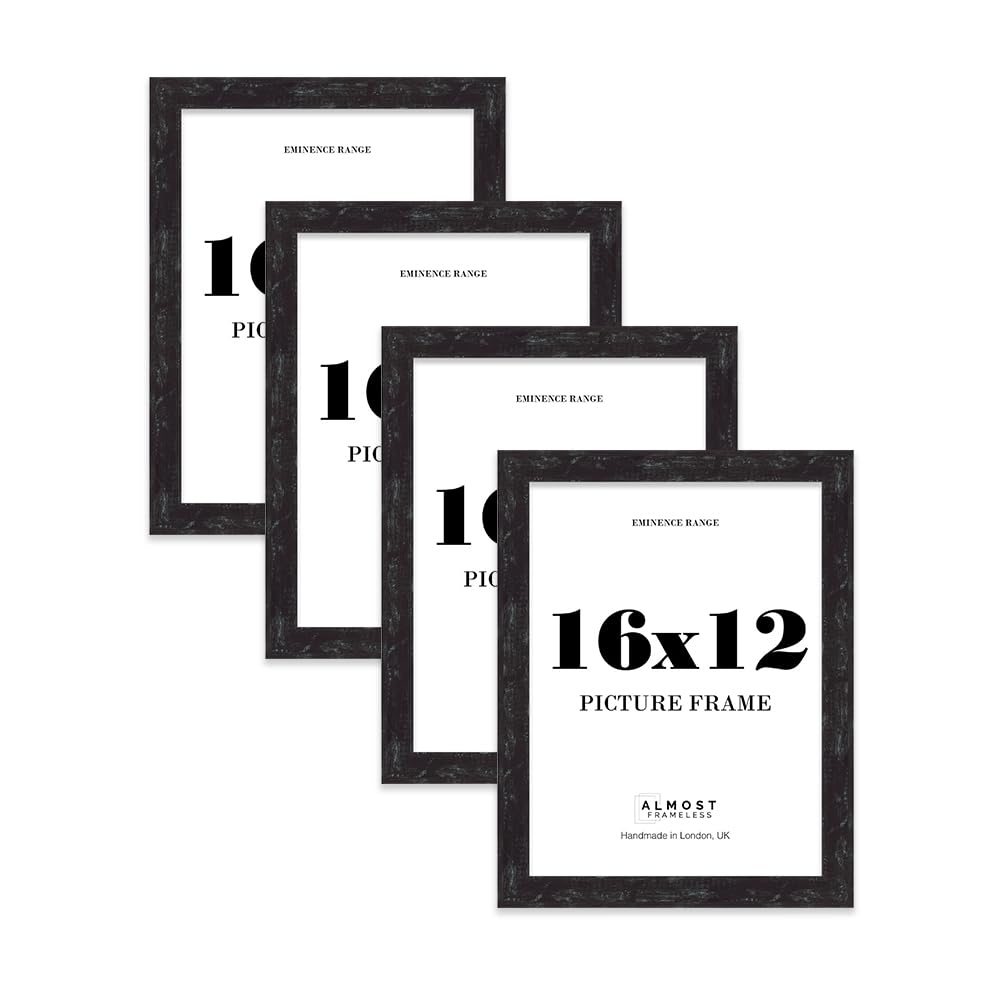 16x12" Distressed Black Picture Frame - Rustic Wood Industrial Effect Photo Frame for Wall Display, Ideal for Posters, Prints & Home Dรฉcor, Wall Hooks, 32mm Edge - 4 Pack โ image 1