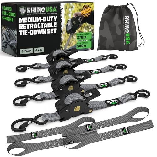 Rhino USA Selbstaufrollende Spanngurte (4er-Pack) - 2.5cm x 3m (540kg Bruchfestigkeit) - Hochleistungs-Automatik-Spanngurte für LKW, Anhänger, Motorrad, Fahrrad & Mehr - Grau