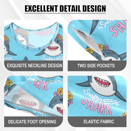 ALAZA Shark with Flower Wreath Blue Pajamas Set Short Sleeve Cotton Sleepwear Summer Pjs 2 Piece 5-14Y4