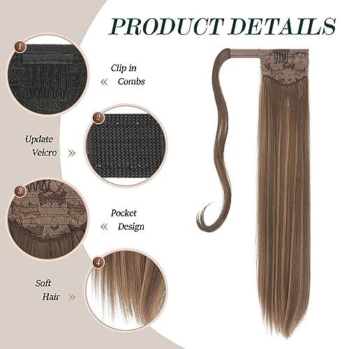 FESHFEN Straight Ponytail Extensions Long Wrap Around Ponytail Synthetic Clip in Pony Tail Hair Extensions Golden Brown Mixed Blonde Hairpiece for Women 24 inch - Image 3