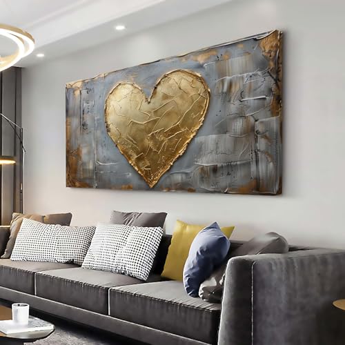 ZESTRILIA Gold Heart Textured Canvas Wall Art, Love Symbol Print, Modern Romantic Decor for Bedroom Living Room Entryway Room Wedding Gift (40x20 Inches)
