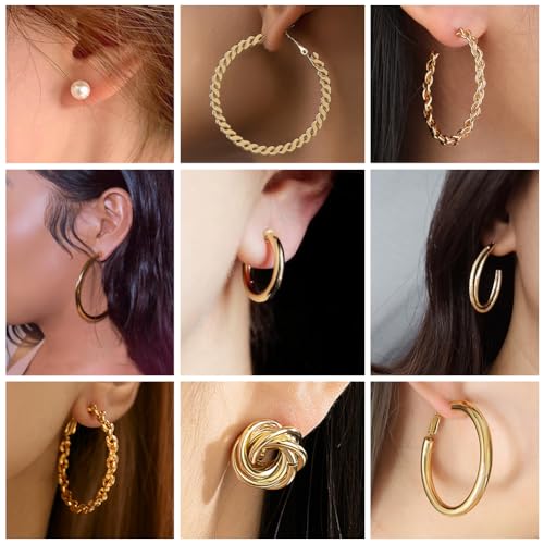 41Pairs Gold Hoop Earring Sets for Women, Fashion Chunky Pearl Earrings Multipack Twisted Statement Earring Pack Small Pearl Earrings for Gift ﻿4