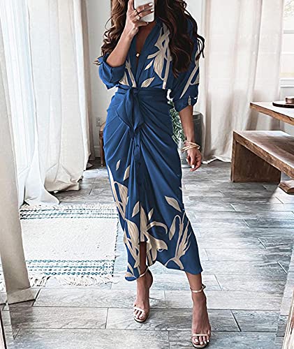 FYEARFOX Women's Button Down Shirt Dress Ruched Split Maxi Dresses Long Sleeve Wrap V Neck Tie Waist Party Clubwear2